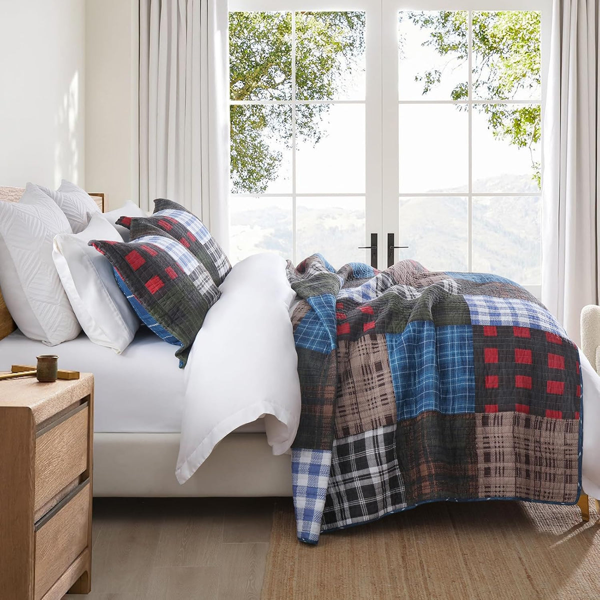 NEWLAKE Quilt Set Queen Size, Cotton Patchwork Blue Black Checkered Patterns Quilt Sets, Reversible