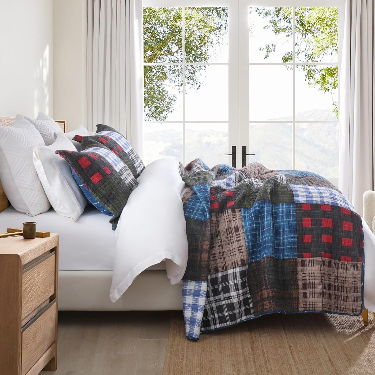 NEWLAKE Quilt Set King Size, Cotton Patchwork Blue Black Checkered Patterns Quilt Sets, Reversible