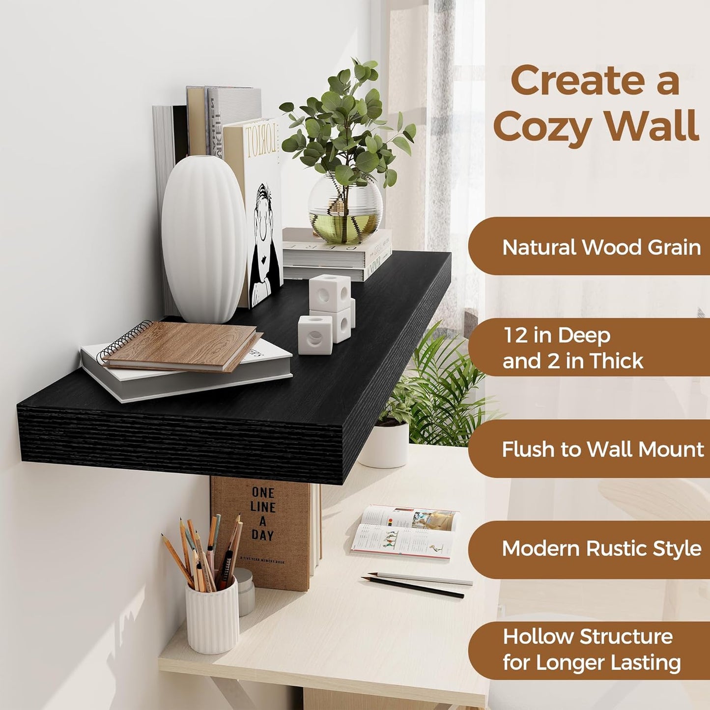 Black Floating Shelves 36 Inch Long, 12 Inch Deep Floating Shelves for Wall, 36 x 12 Shelves for