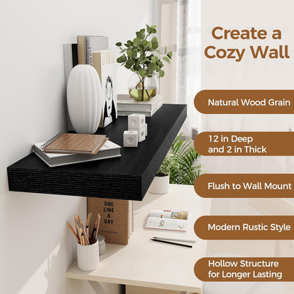 Black Floating Shelves 36 Inch Long, 12 Inch Deep Floating Shelves for Wall, 36 x 12 Shelves for