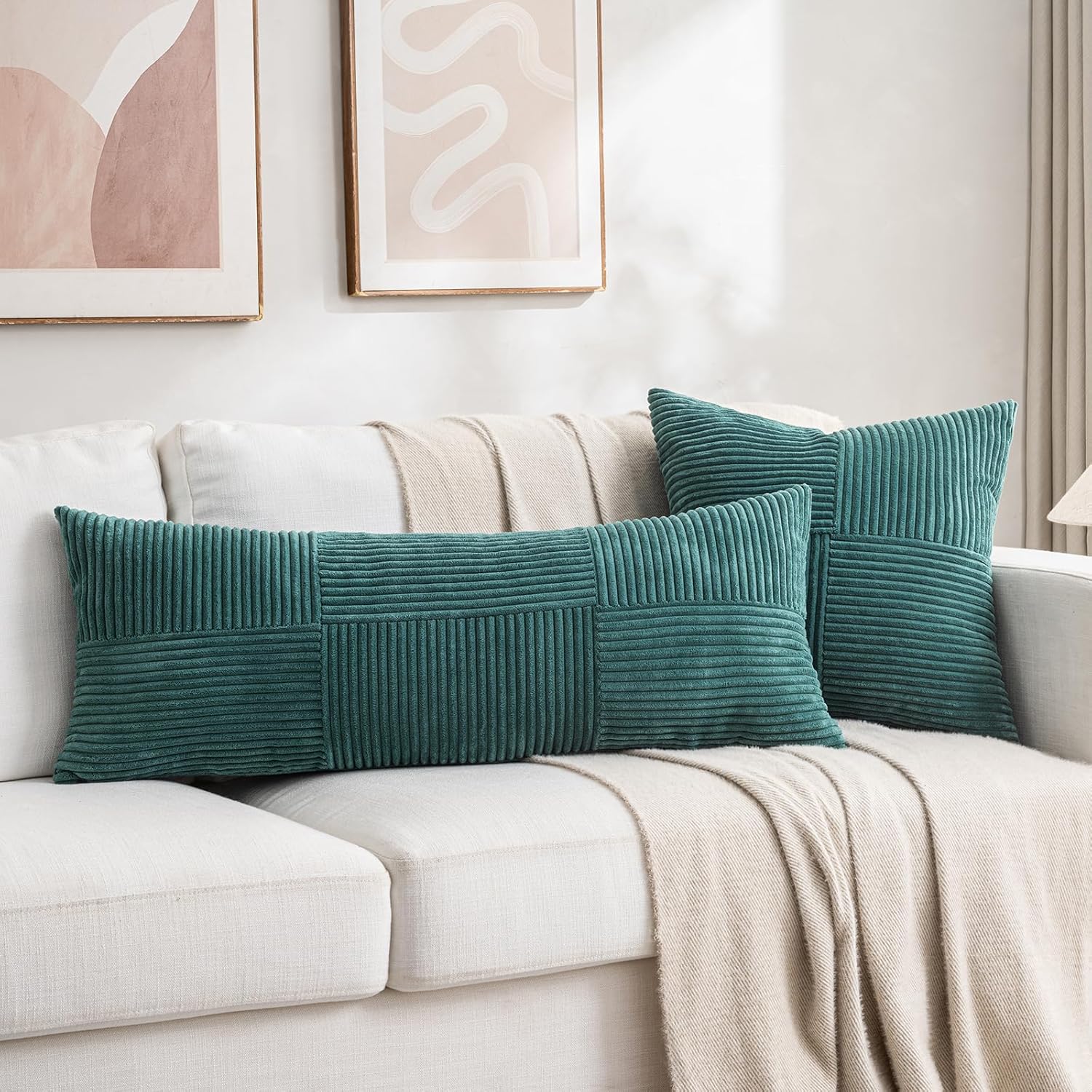 Fancy Homi Set of 2 Teal Boho Long Lumbar Body Decorative Throw Pillow Cover 14x36 Inch for Bed
