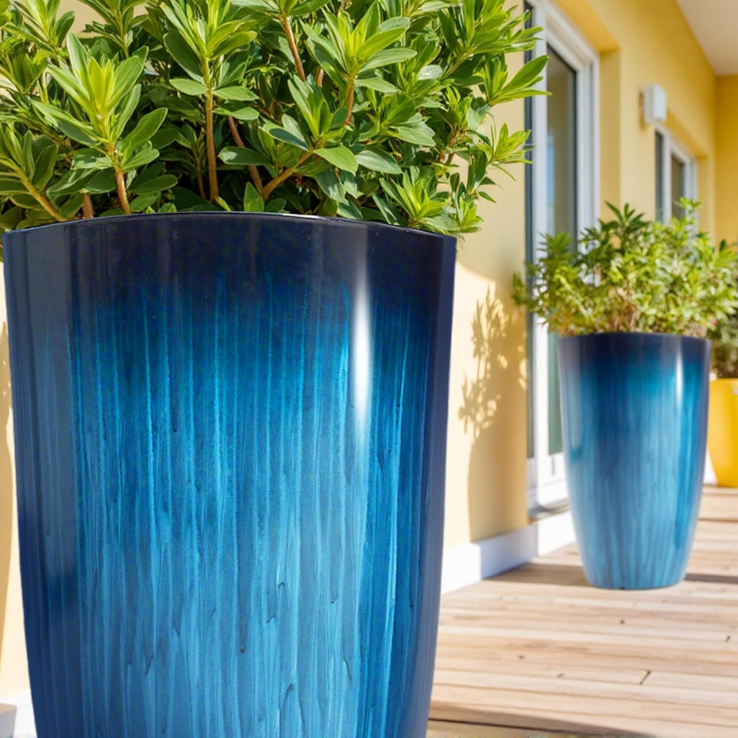 Worth Garden 23.5" H. Large Plastic Planters - Set of 2 Gradient Blue Glossy Smooth Finish - Tall