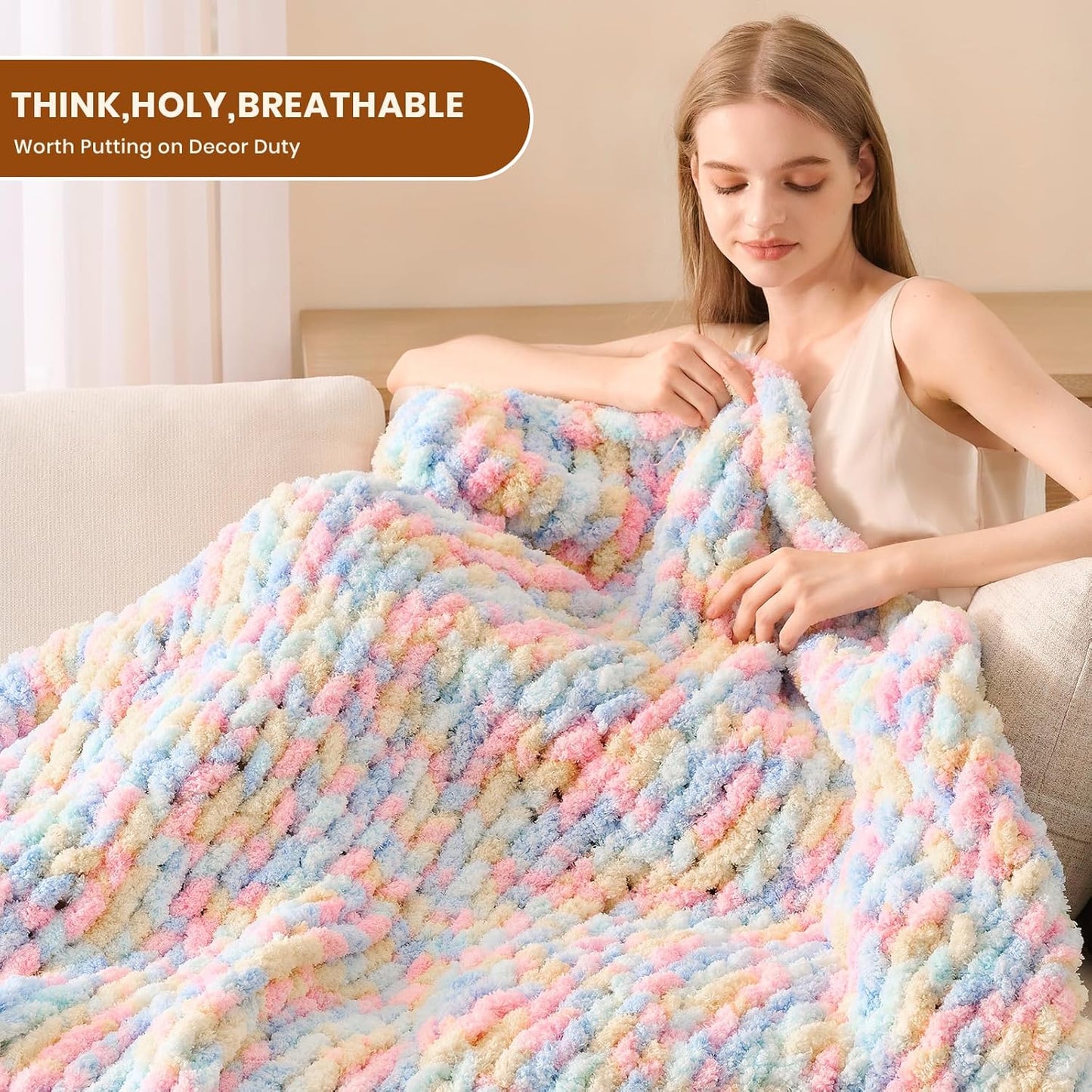 L'AGRATY Chunky Knit Blanket Throw: 60''x80'' Chenille Chunky Knitted Throw Blankets for Twin Bed