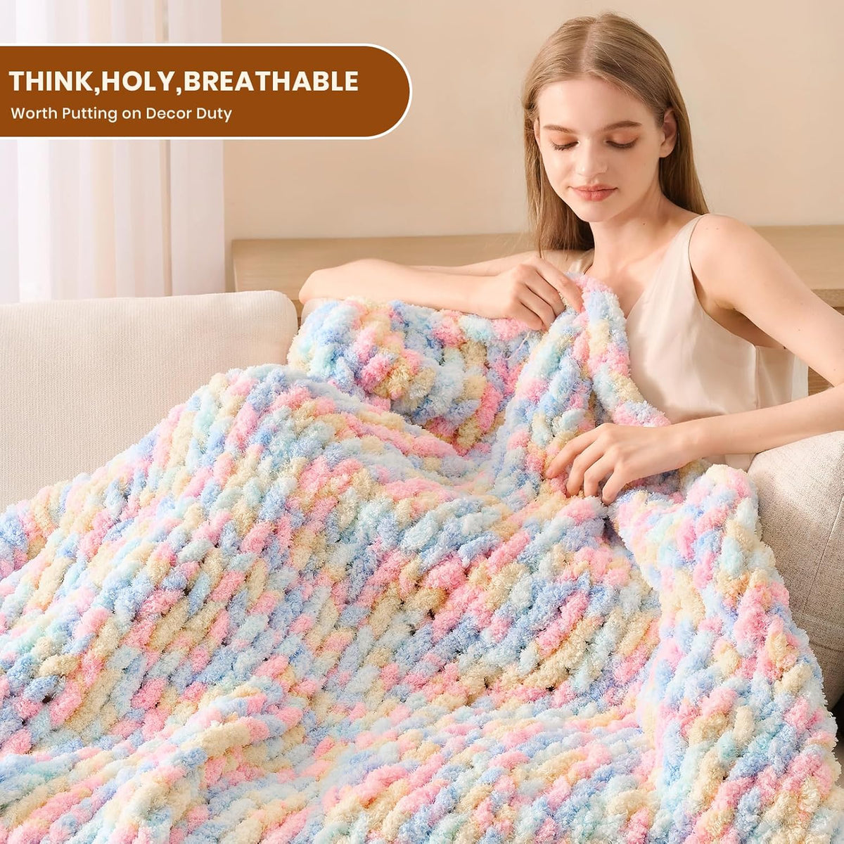 L'AGRATY Chunky Knit Blanket Throw: 50''x60'' Chenille Chunky Knitted Throw Blankets for Bed Couch