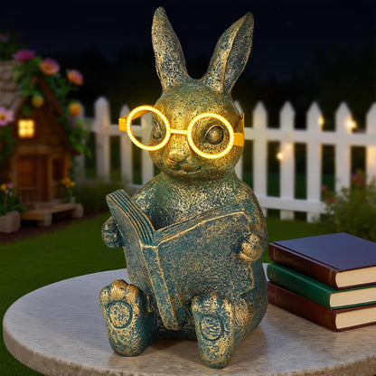 Solar Garden Decor, Adorable Rabbit Statue with Solar-Powered Glasses, Outdoor Decoration Lights