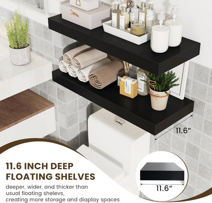 Deep Floating Shelves for Wall | 30W x 12D Black Floating Shelves Set of 2 | 12 Inch Deep Wall