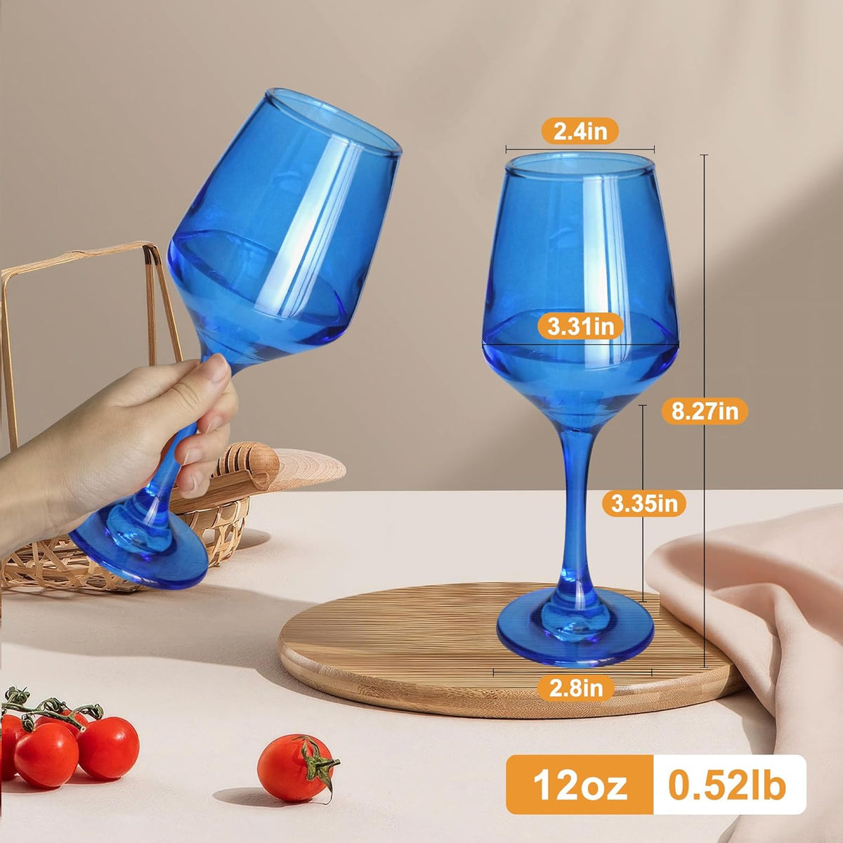 Blue Wine Glasses Set of 6-12oz Blue Long Stem Wine Glass Cups, Pretty Crystal Glassware, Hand
