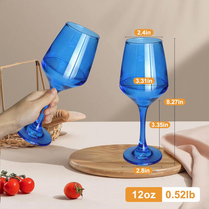 Blue Wine Glasses Set of 6-12oz Blue Long Stem Wine Glass Cups, Pretty Crystal Glassware, Hand