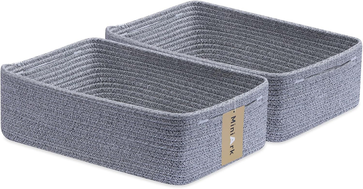 Large Shallow Organizing Baskets 15x11x5.1 Inches - Rope Woven Storage Bins for Bathroom, Shelves