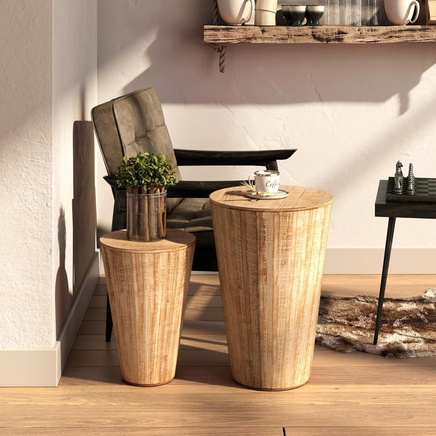 Farmhouse Nesting Barrel Side Table, Rustic Space Saving Storage End Table Set Fully Assembled
