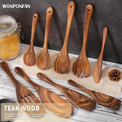 Wooden Cooking Utensils Set, 9 PCS Teak Wood Spoons, Spatula, Slotted Spoon, Handmade Modern