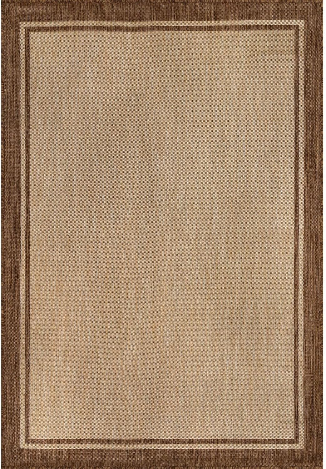 CAMILSON Outdoor Rug 9x12 Bordered Natural Brown Modern Area Rugs for Indoor and Outdoor Patios