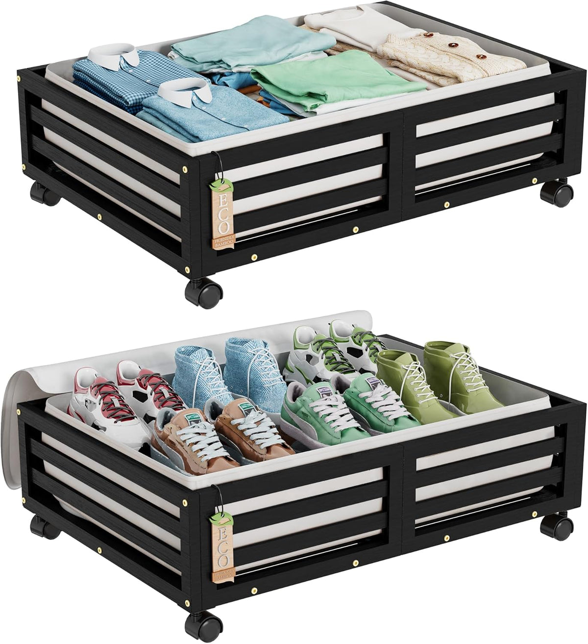 Bamboo Under Bed Storage Containers- Underbed Organizer with Wheels with Large Dust Bag,Sturdy Wood