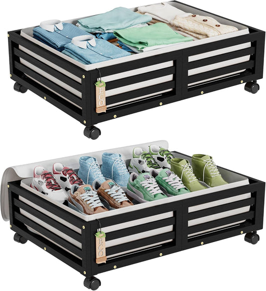Bamboo Under Bed Storage Containers- Underbed Organizer with Wheels with Large Dust Bag,Sturdy Wood