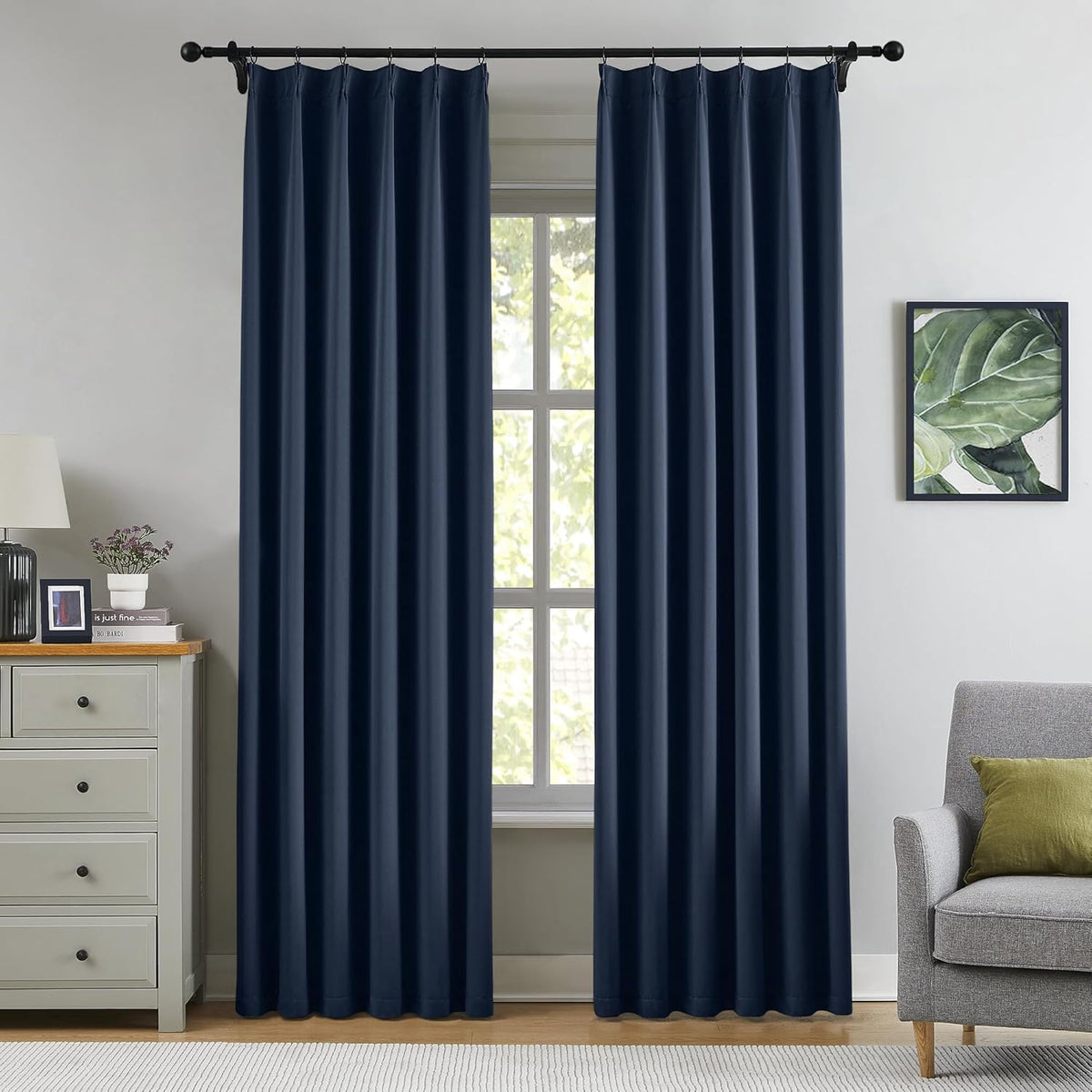 KangBang Navy Blue Pinch Pleated Curtains & Drapes 90 Inches Long for Boys Bedroom, Thermal