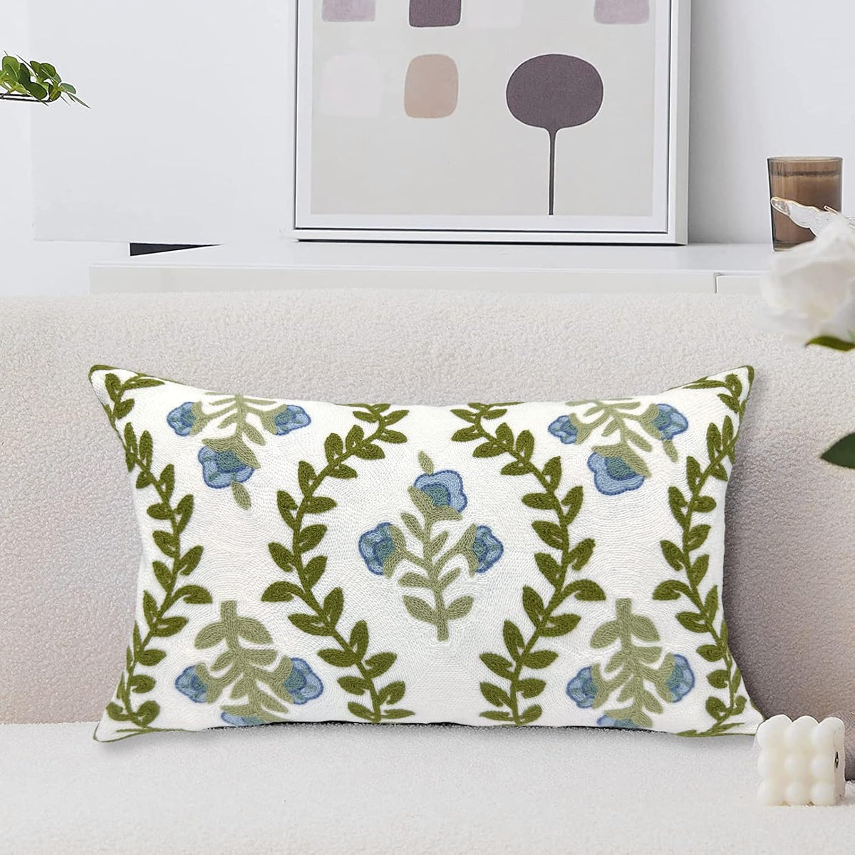 Alysheer Summer Floral Embroidered Decorative Throw Pillow Cover 12"x 20", Farmhouse Blue Flowers