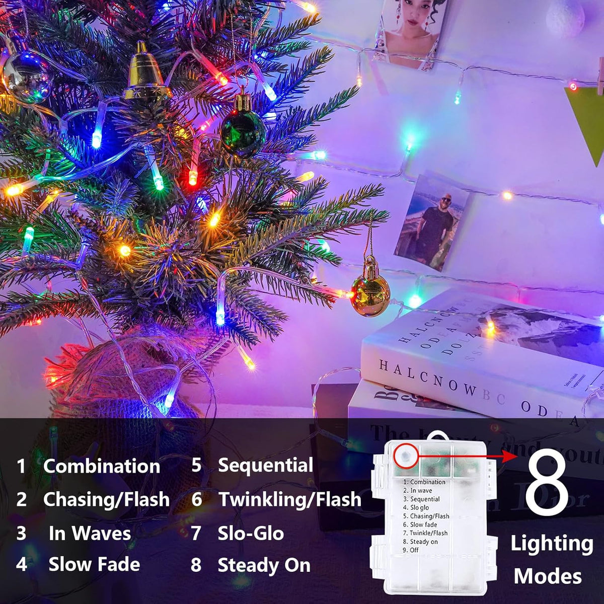 2 Pack String Lights Battery Operated with Timer, 66FT 200 LED Waterproof Battery Twinkle Lights, 8