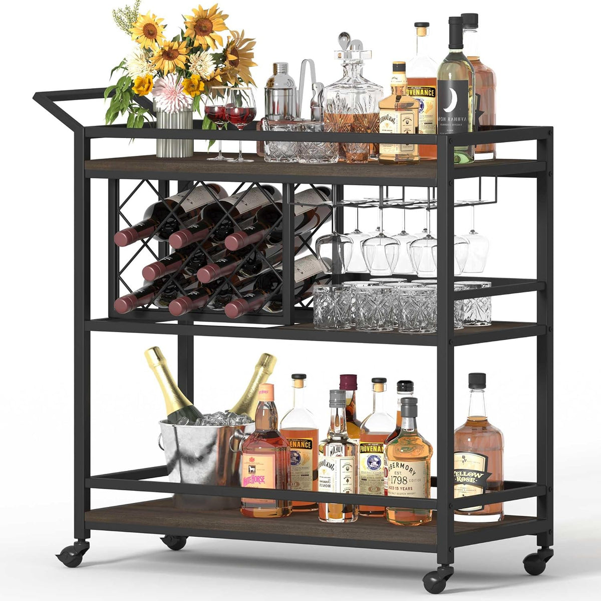 FATORRI Bar Cart for The Home with Wine Rack and Glasses Holder, Small Home Bar Serving Cart on