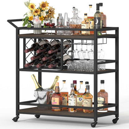 FATORRI Bar Cart for The Home with Wine Rack and Glasses Holder, Small Home Bar Serving Cart on