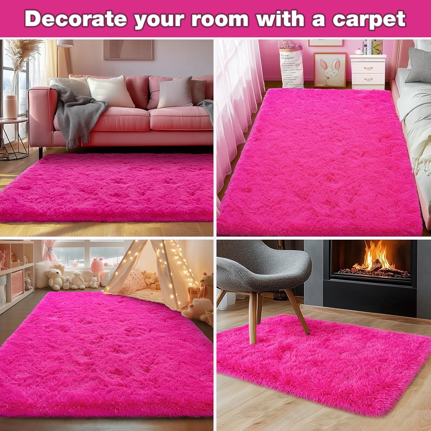 Rezutan Soft Fluffy Rug for Girls Bedroom 2x3 Feet Hot Pink, Fluffy Shag Area Rugs for Living Room