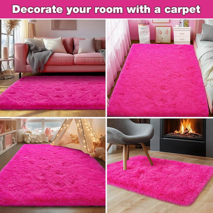 Rezutan Soft Fluffy Rug for Girls Bedroom 2x3 Feet Hot Pink, Fluffy Shag Area Rugs for Living Room