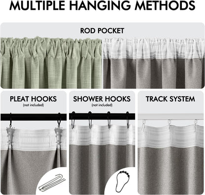 MIULEE Sage Green 100% Blackout Linen Curtains 108 Inch 2 Panels Set Double Sided No Coating