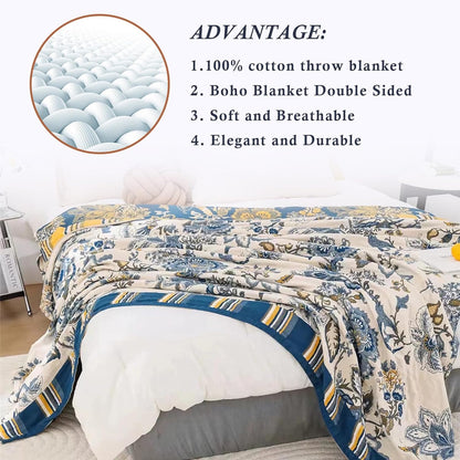 Snycler Boho Throw Blanket for Bed - 100% Cotton Ultra Soft Rustic Quilt - White Blue Floral