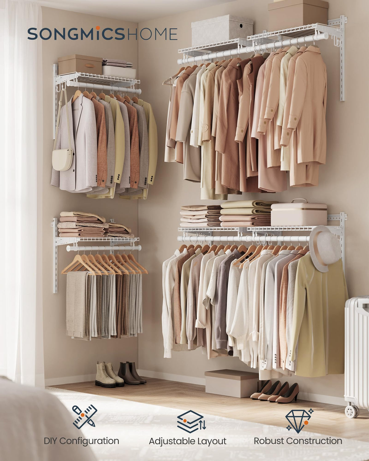 SONGMICS HOME Closet System, Closet Insert Organizer, 4-6 ft, Adjustable Metal Shelving Unit with 6