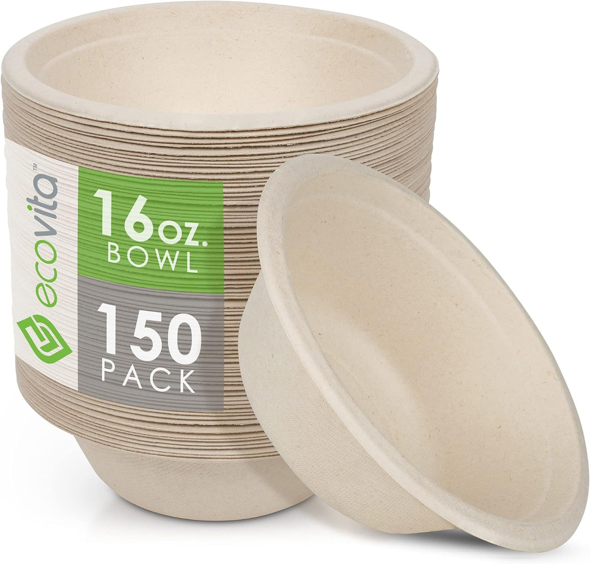 100% Compostable Paper Bowls [16 oz.] – 150 Disposable Bowls Eco Friendly Sturdy Tree Free Liquid