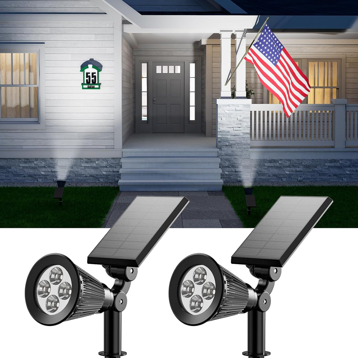 2 Pack Solar Spotlights Outdoor Waterproof for Flag, Tree, Statue, Number Sign, Plant Pot, Bright