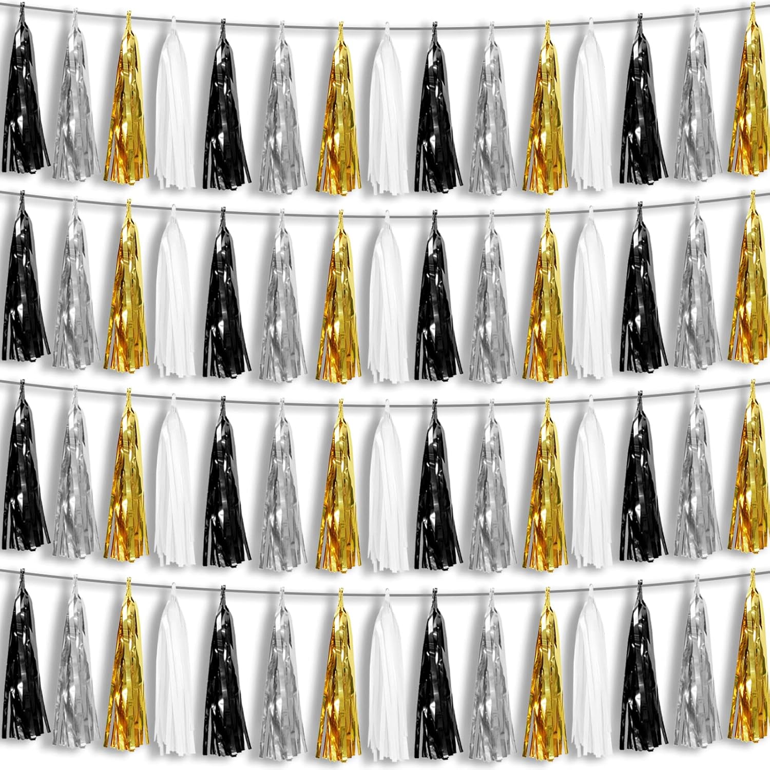 4P Black Gold Silver Foil Fringe Metallic Tassel Garland, Tassels Banner Streamers for Parade