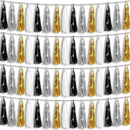 4P Black Gold Silver Foil Fringe Metallic Tassel Garland, Tassels Banner Streamers for Parade