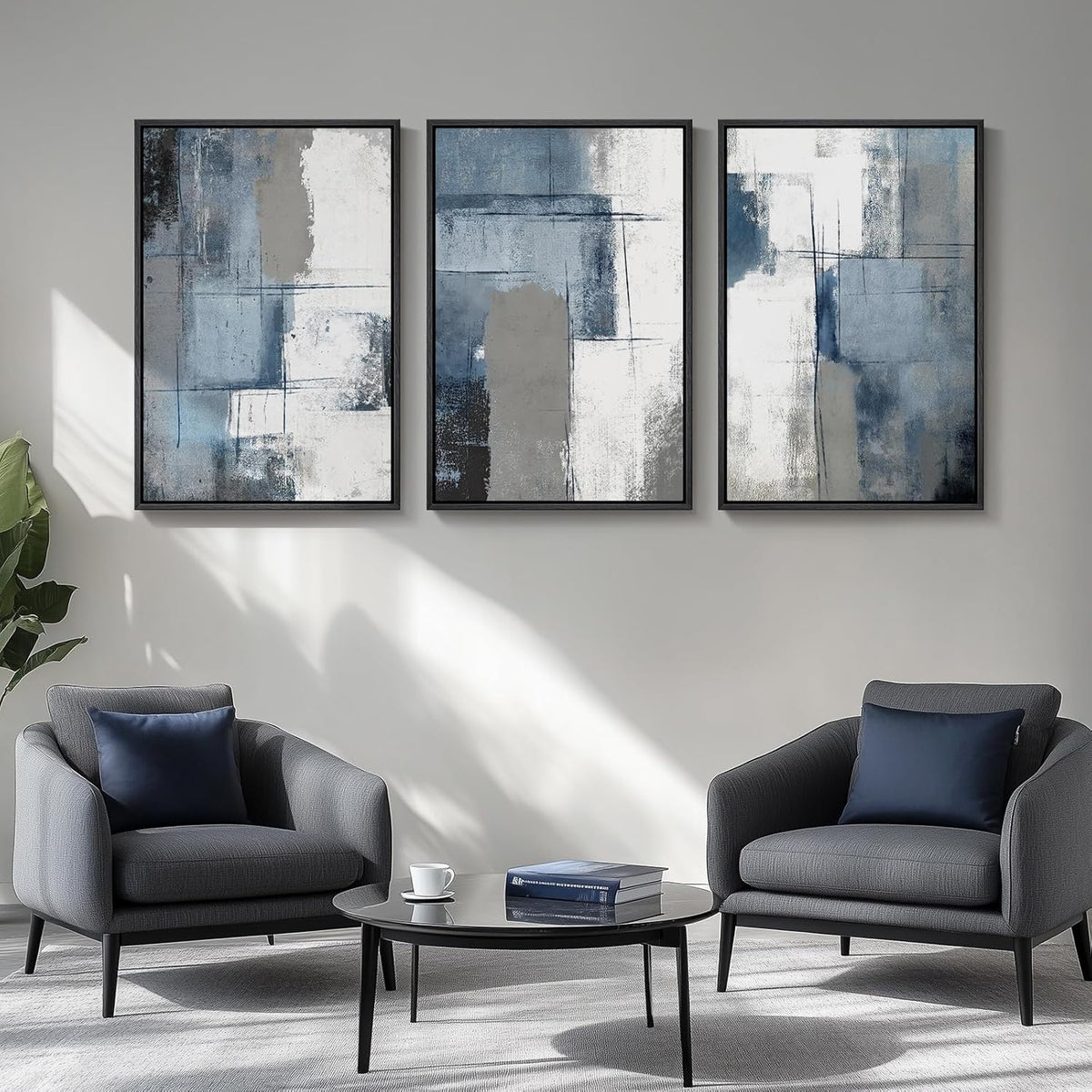 Large Framed Navy Blue and Grey Abstract Wall Art for Living Room, 3 Piece Modern Canvas Prints