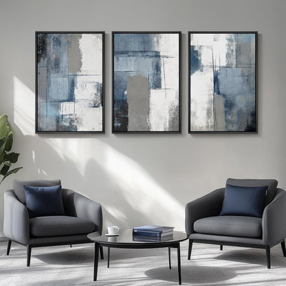 Large Framed Navy Blue and Grey Abstract Wall Art for Living Room, 3 Piece Modern Canvas Prints