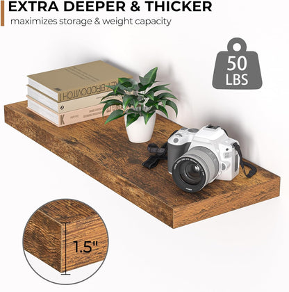 Floating Shelves - 2 Pack 9 Inch Rustic Wooden Wall Shelves - Extra Deeper & Thicker Wall Mounted