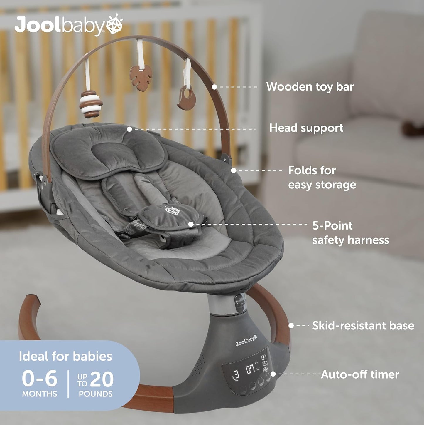 Jool Baby Nova Nature Baby Swing for Newborns – Natural Wood Toys, Electric Motorized Infant Swing