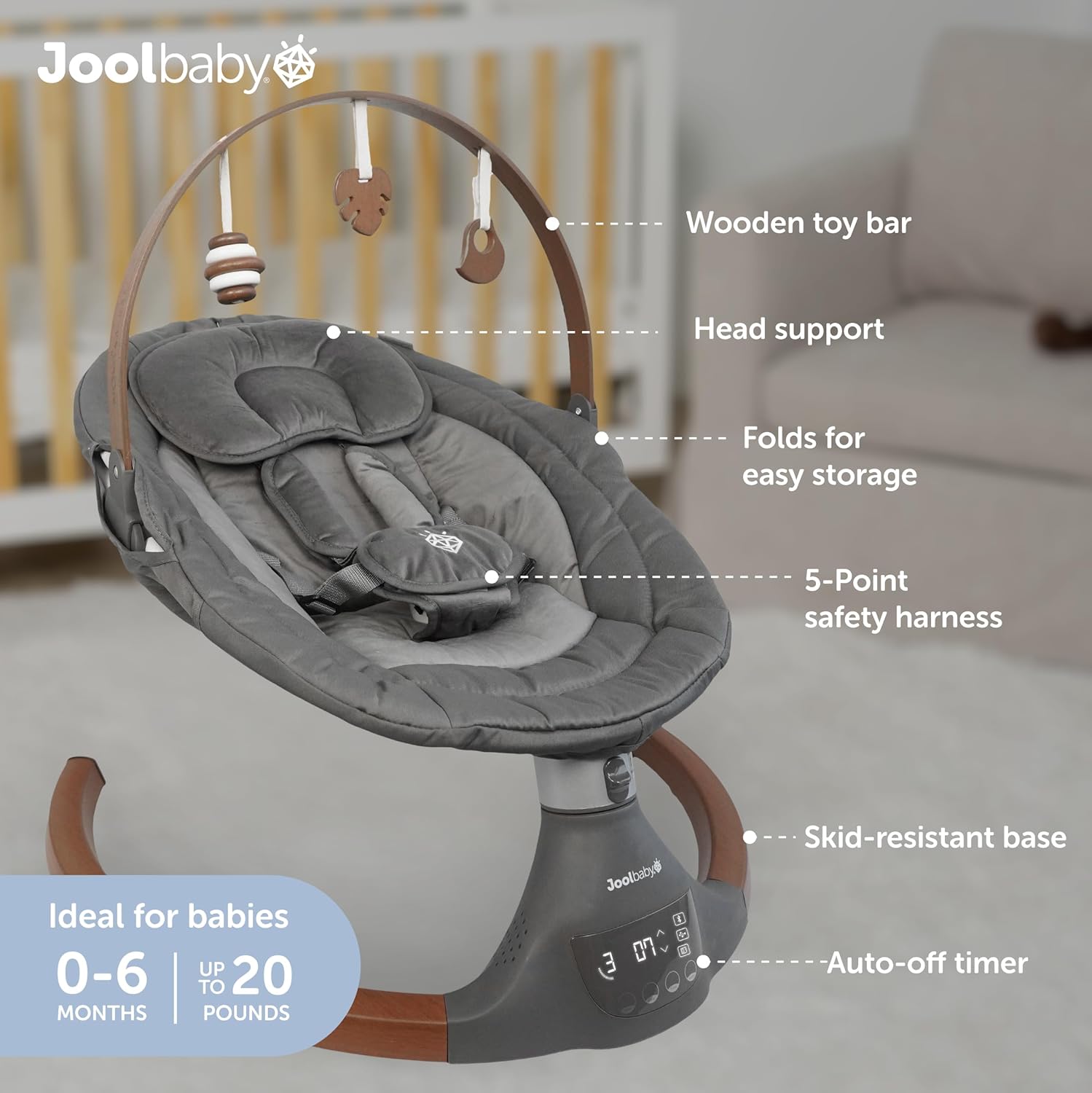 Jool Baby Nova Nature Baby Swing for Newborns – Natural Wood Toys, Electric Motorized Infant Swing