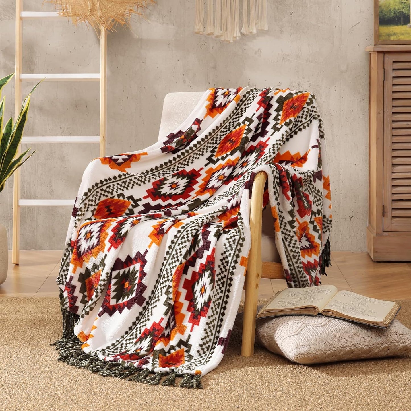 CASAAGUSTO Boho Throw Blanket - Orange and Green Decorative Blankets with Tassel, Printed Flannel