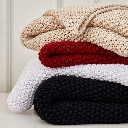 Chunky Cable Knit Throw Blanket Lightweight Wine red 100% Organic Cotton Blanket for Sofa Couch Bed