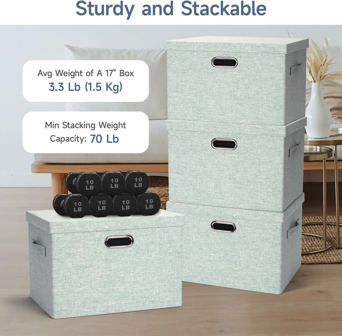 Large 17" 36 Quart Collapsible Stackable Storage Bins with Lids, 3 Packs Light Green Linen Fabric