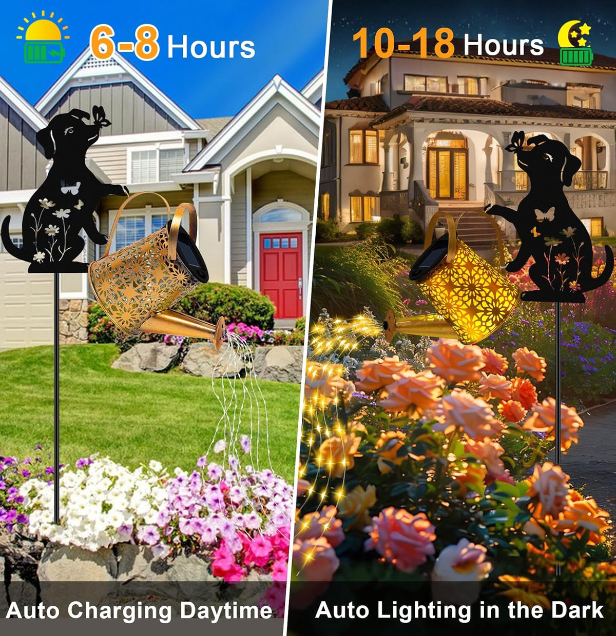 Solar Lights Outdoor Decorative, Watering Can with Cascading Lights, with Dog Silhouette Garden