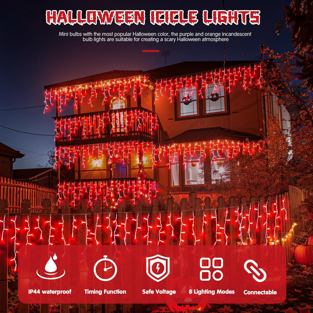 JMEXSUSS 400 LED Red Icicle Lights for Halloween Decor, Connectable Red Halloween Lights Indoor