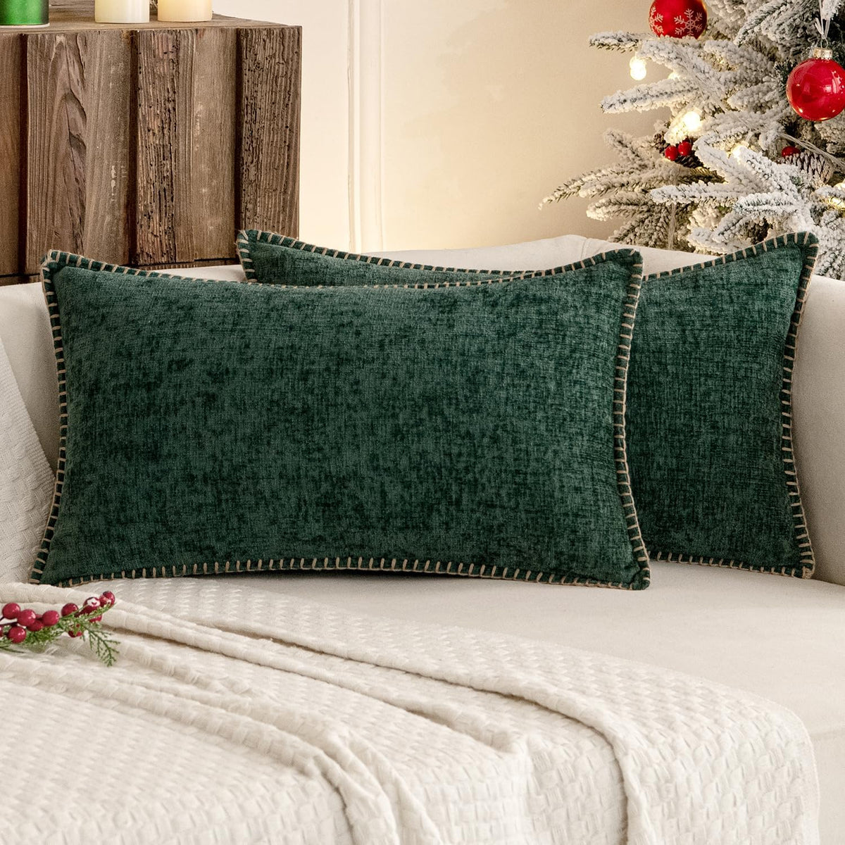 MIULEE Pack of 2 Christmas Pillow Covers 12x20 Inch Dark Green Farmhouse Decorative Throw Pillow