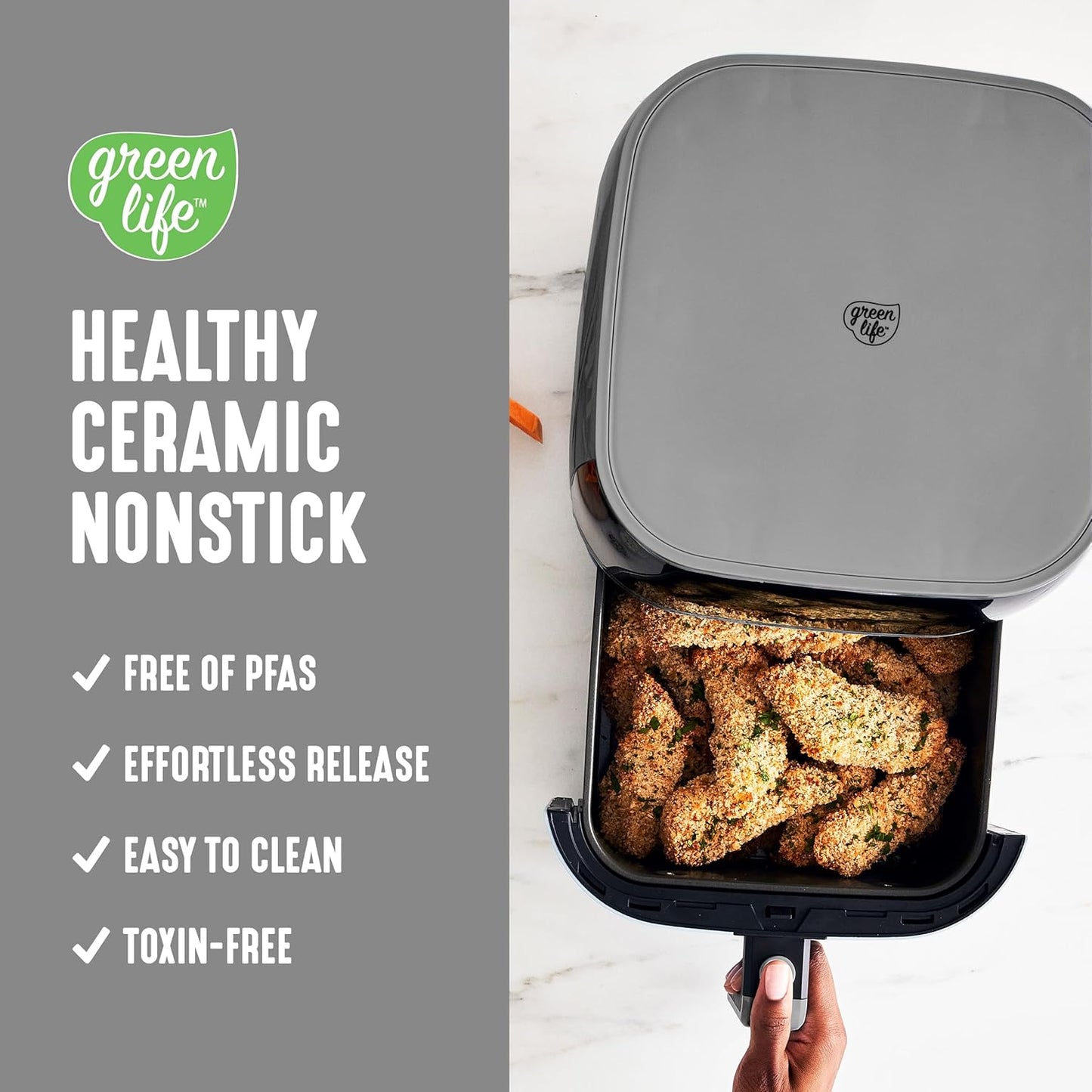 GreenLife Compact Electric Air Fryer Oven, 5.3 QT, PFAS-Free Ceramic Nonstick Drawer, 8 One Touch