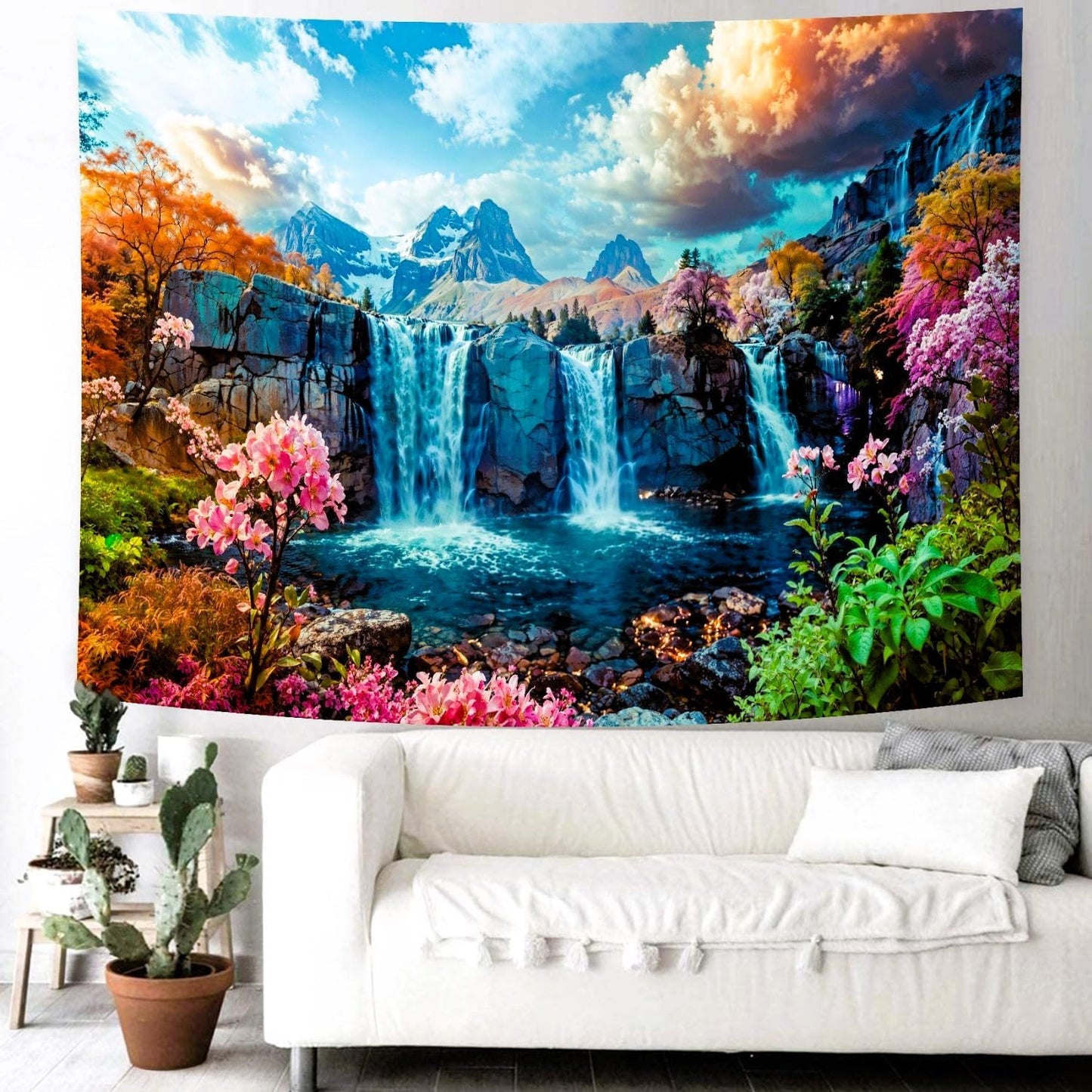 Delur Waterfall Tapestry Tropical Forest Mountain Sunset Tree Wall Hanging Tapestry Scenic