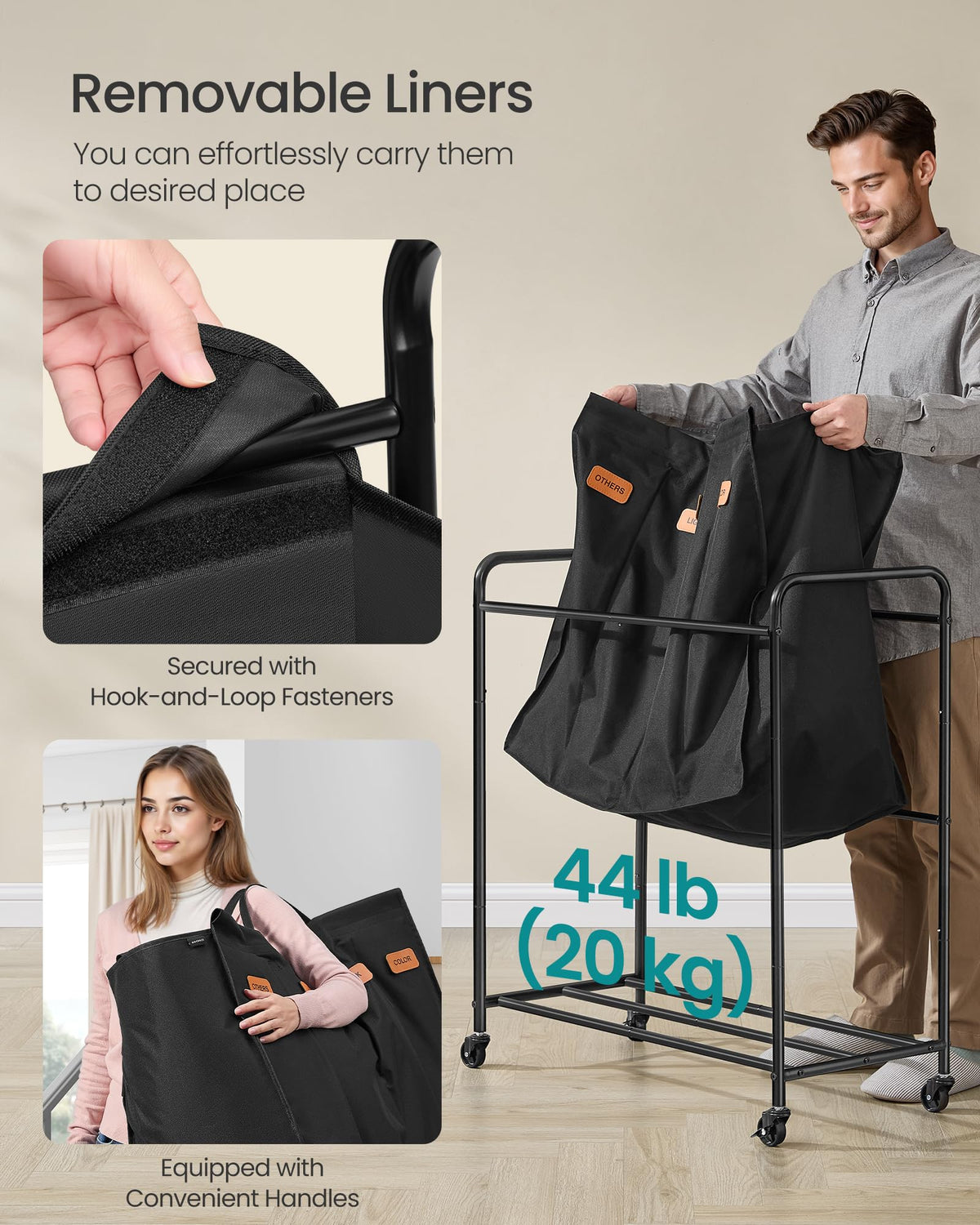 SONGMICS 4-Section Laundry Sorter, Laundry Hamper with Wheels, Rolling Clothes Hamper Cart with
