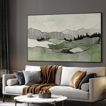 SIGNWIN 46"x72" Extra Large Framed Wall Art Green Line Art Mountain Landscape Illustration for Home