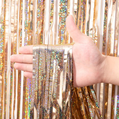 3 Pack 3.3 x 8.2 ft Laser Champagne Foil Fringe Backdrop Curtains, Tinsel Streamers Birthday Party