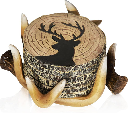 Deer Antlers Coaster Set of 6 – Handcrafted Deer Antler Decor and Man Cave Gifts for Men - 6 Full