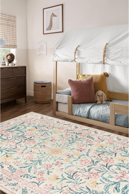 Wonnitar Machine Washable 5x7 Nursery Rug, Pink Rugs for Bedroom Girls, Boho Soft Floral Carpet Non